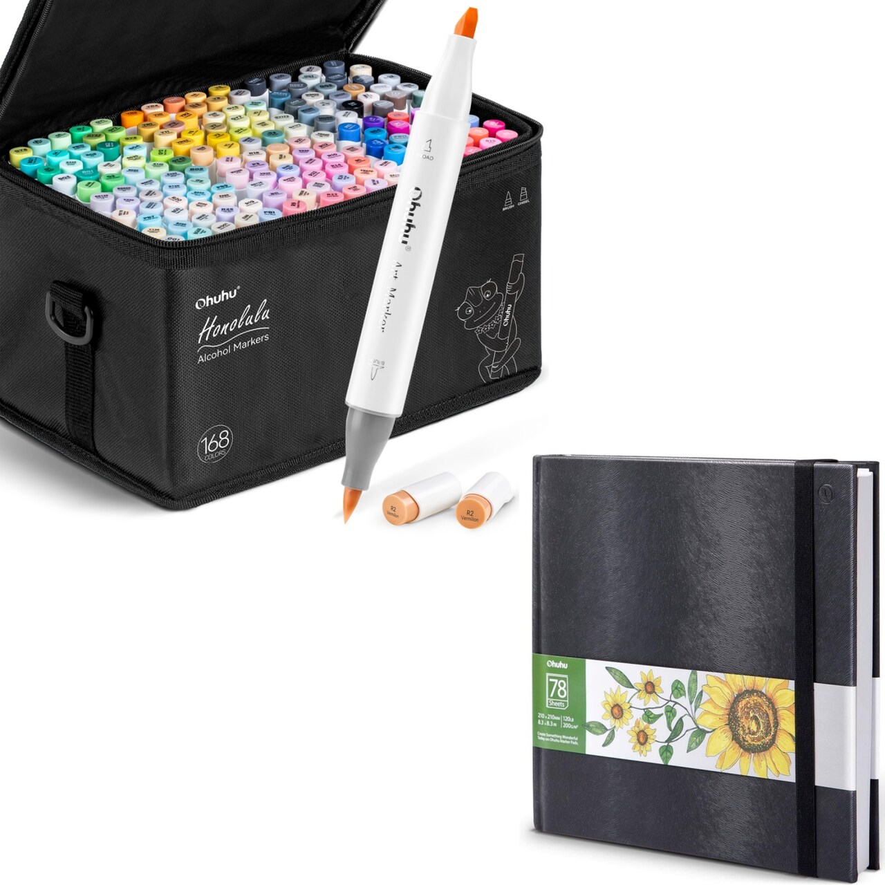 Ohuhu Honolulu 168 Colors Brush & Chisel Dual Tip Alcohol Marker Set + 8.3"x8.3" Sketchbook Marker Paper Pad